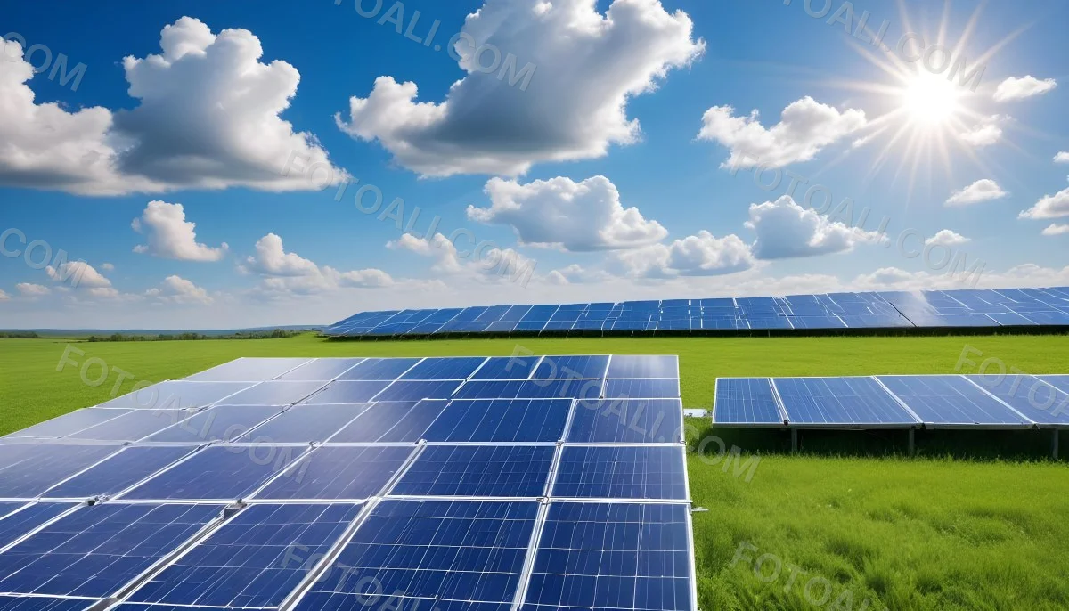 Solar Panels In A Green Field Under A Blue Sky With White Clouds Sun Shining Brightly Renewable Energy Concept Sustainable Technology 25 Bea9