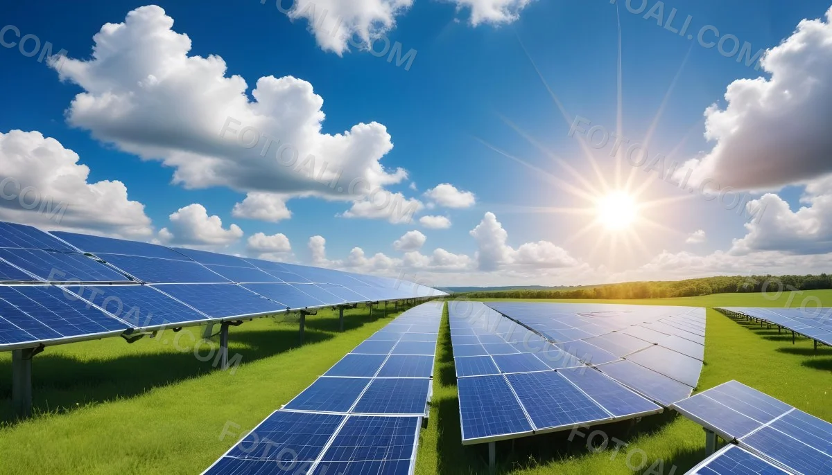 Solar Panels In A Green Field Under A Blue Sky With White Clouds Sun Shining Brightly Renewable Energy Concept Sustainable Technology 26 F4a2