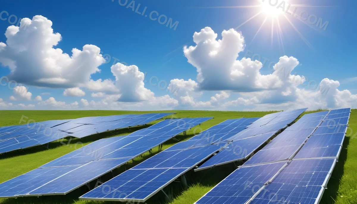 Solar Panels In A Green Field Under A Blue Sky With White Clouds Sun Shining Brightly Renewable Energy Concept Sustainable Technology 27 019b