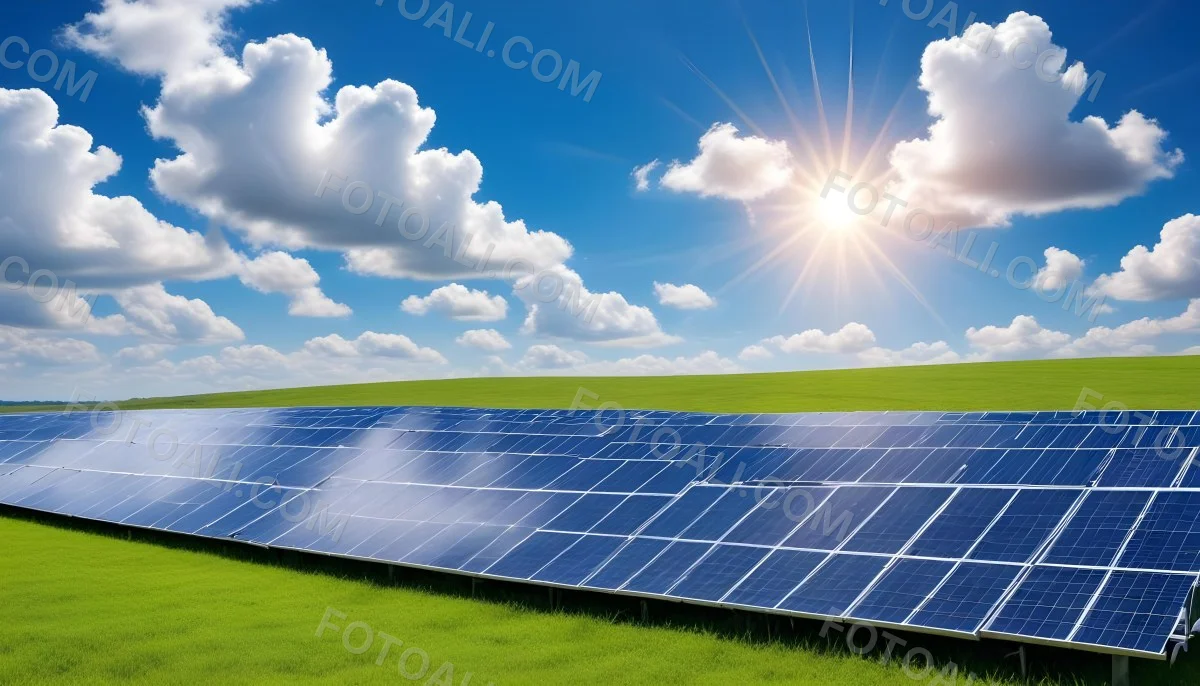 Solar Panels In A Green Field Under A Blue Sky With White Clouds Sun Shining Brightly Renewable Energy Concept Sustainable Technology 28 D486