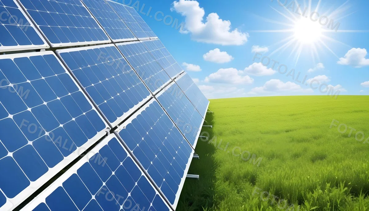 Solar Panels In A Green Field Under A Blue Sky With White Clouds Sun Shining Brightly Renewable Energy Concept Sustainable Technology 3 27b6
