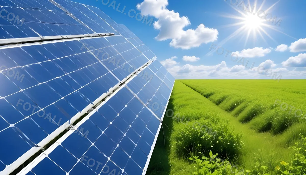 Solar Panels In A Green Field Under A Blue Sky With White Clouds Sun Shining Brightly Renewable Energy Concept Sustainable Technology 4 Ce92