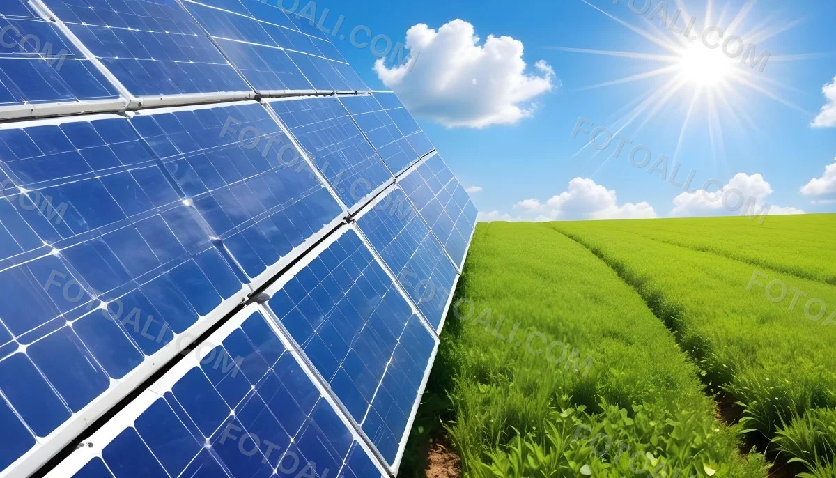 Solar Panels In A Green Field Under A Blue Sky With White Clouds Sun Shining Brightly Renewable Energy Concept Sustainable Technology 5 Ed69