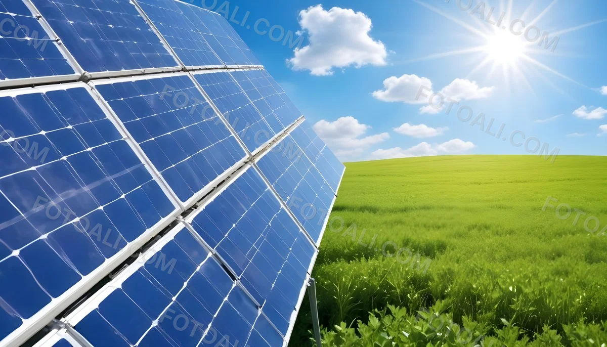 Solar Panels In A Green Field Under A Blue Sky With White Clouds Sun Shining Brightly Renewable Energy Concept Sustainable Technology 6 4216