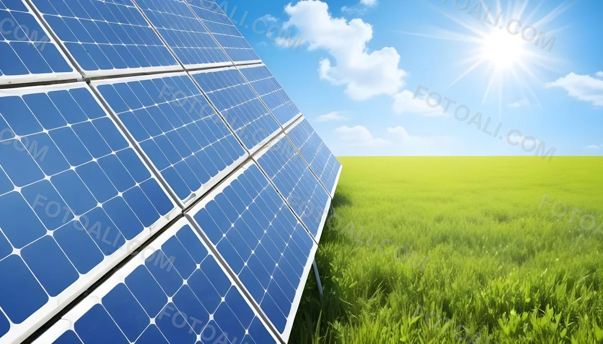 Solar Panels In A Green Field Under A Blue Sky With White Clouds Sun Shining Brightly Renewable Energy Concept Sustainable Technology 7 46af