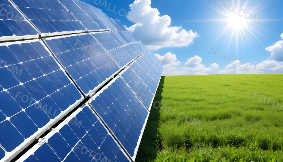 Solar Panels In A Green Field Under A Blue Sky With White Clouds Sun Shining Brightly Renewable Energy Concept Sustainable Technology 8 095c