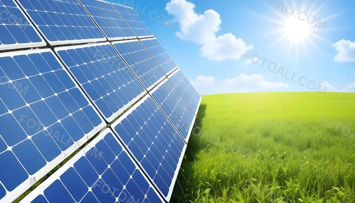 Solar Panels In A Green Field Under A Blue Sky With White Clouds Sun Shining Brightly Renewable Energy Concept Sustainable Technology 9 A960