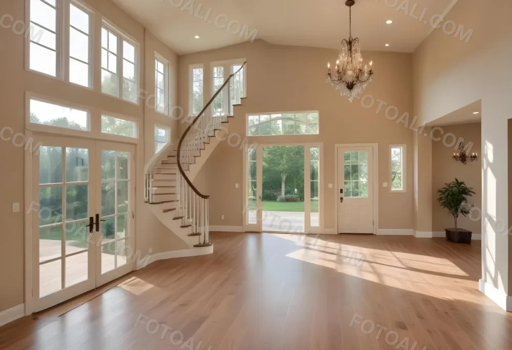 Spacious Interior Of A Home Featuring A Wooden Floor A Staircase On The Left And Large Windows Allowing Natural Light The Walls Are Painted In A Warm Beige Color And There Is A Decorative Chandelier Hanging From The C 1 Cbbb