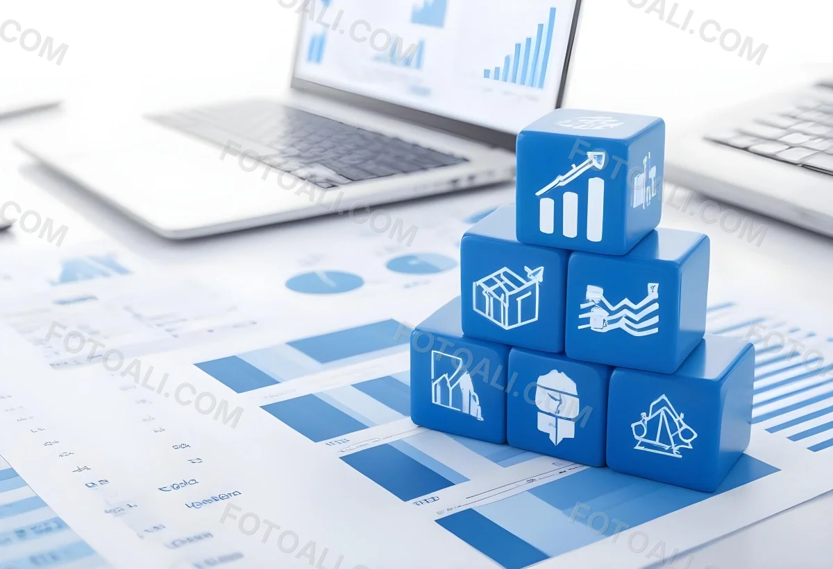 Stack Of Blue Cubes With Business Icons On Top Of A Financial Report With A Laptop In The Background 1 D74d