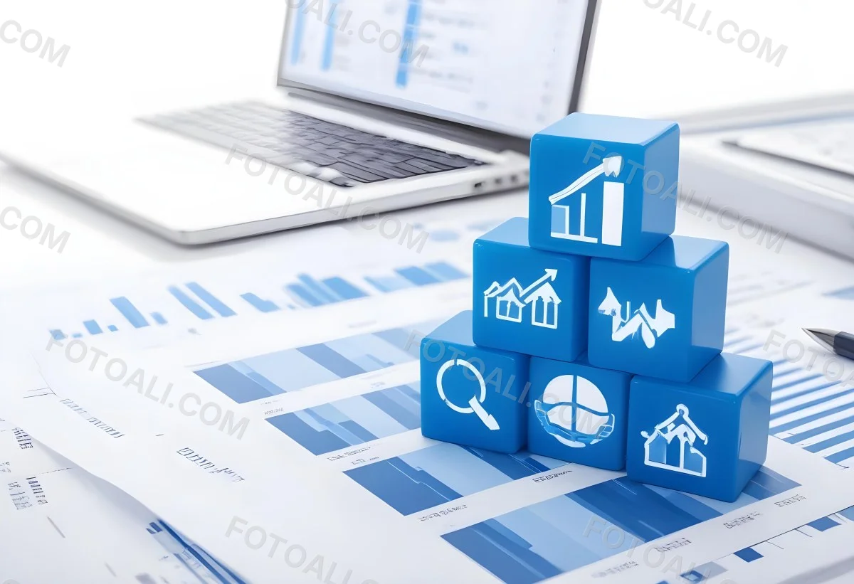 Stack Of Blue Cubes With Business Icons On Top Of A Financial Report With A Laptop In The Background 24 5416