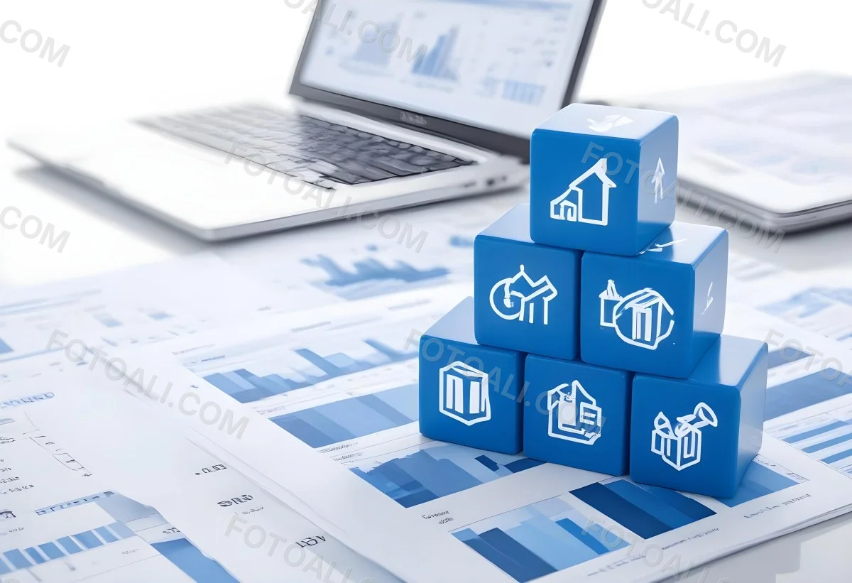 Stack Of Blue Cubes With Business Icons On Top Of A Financial Report With A Laptop In The Background 29 Df74