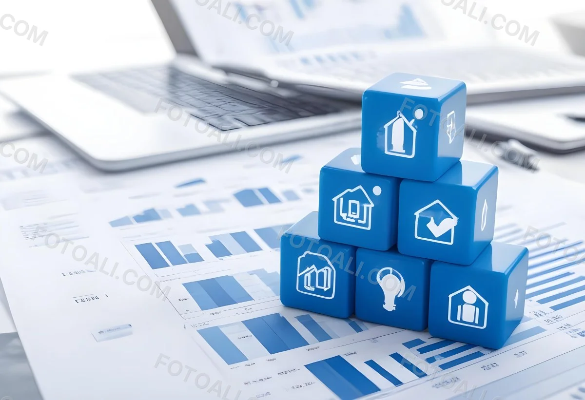 Stack Of Blue Cubes With Business Icons On Top Of A Financial Report With A Laptop In The Background 30 6a2d