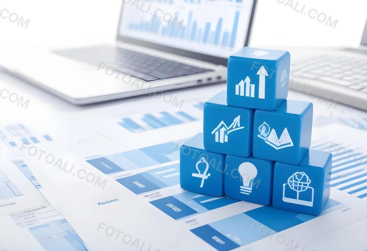 Stack Of Blue Cubes With Business Icons On Top Of A Financial Report With A Laptop In The Background 32 6c4c