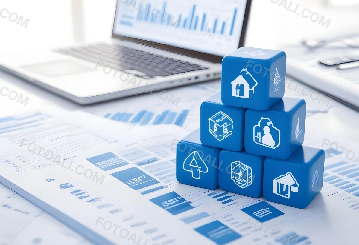 Stack Of Blue Cubes With Business Icons On Top Of A Financial Report With A Laptop In The Background 33 9002