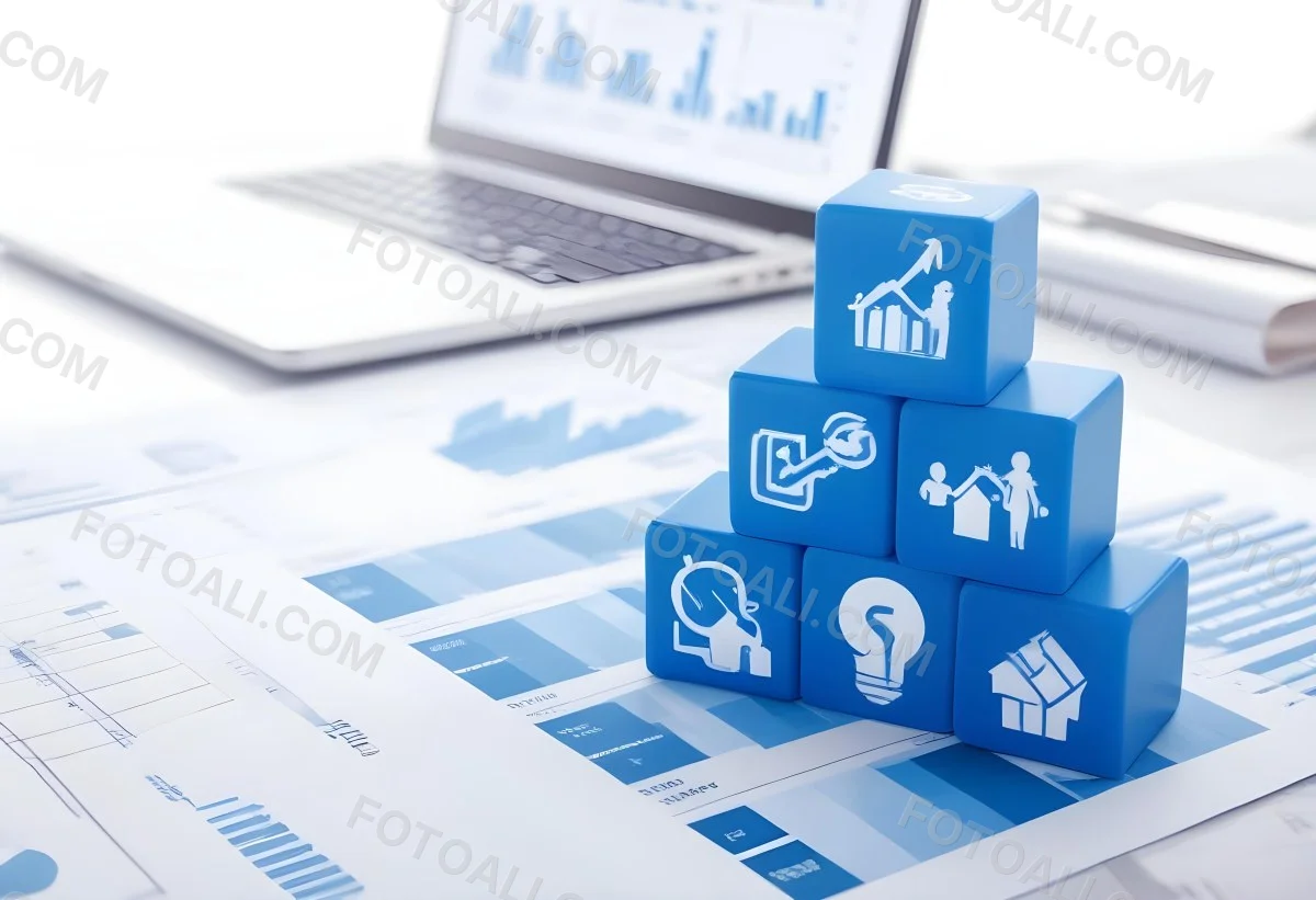 Stack Of Blue Cubes With Business Icons On Top Of A Financial Report With A Laptop In The Background 34 31c1