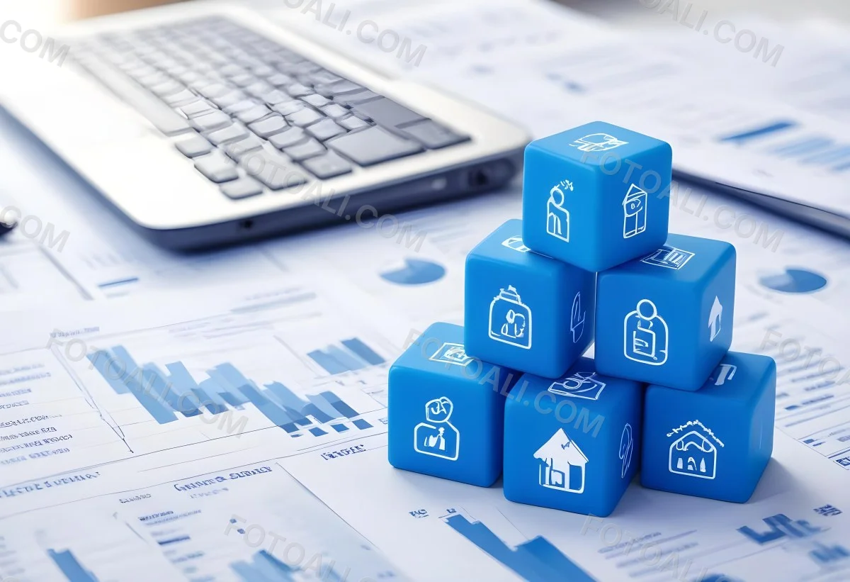 Stack Of Blue Cubes With Business Icons On Top Of A Financial Report With A Laptop In The Background 4 C749