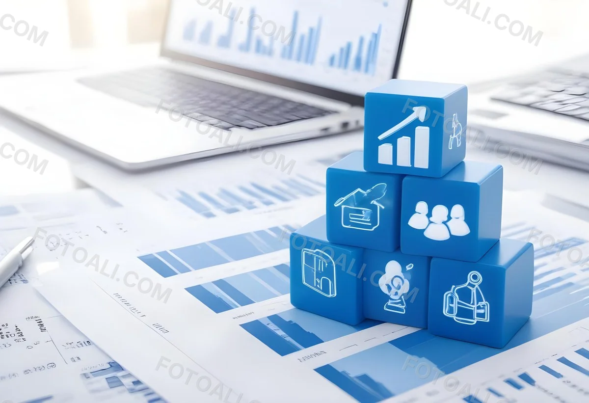 Stack Of Blue Cubes With Business Icons On Top Of A Financial Report With A Laptop In The Background 5 6ea9