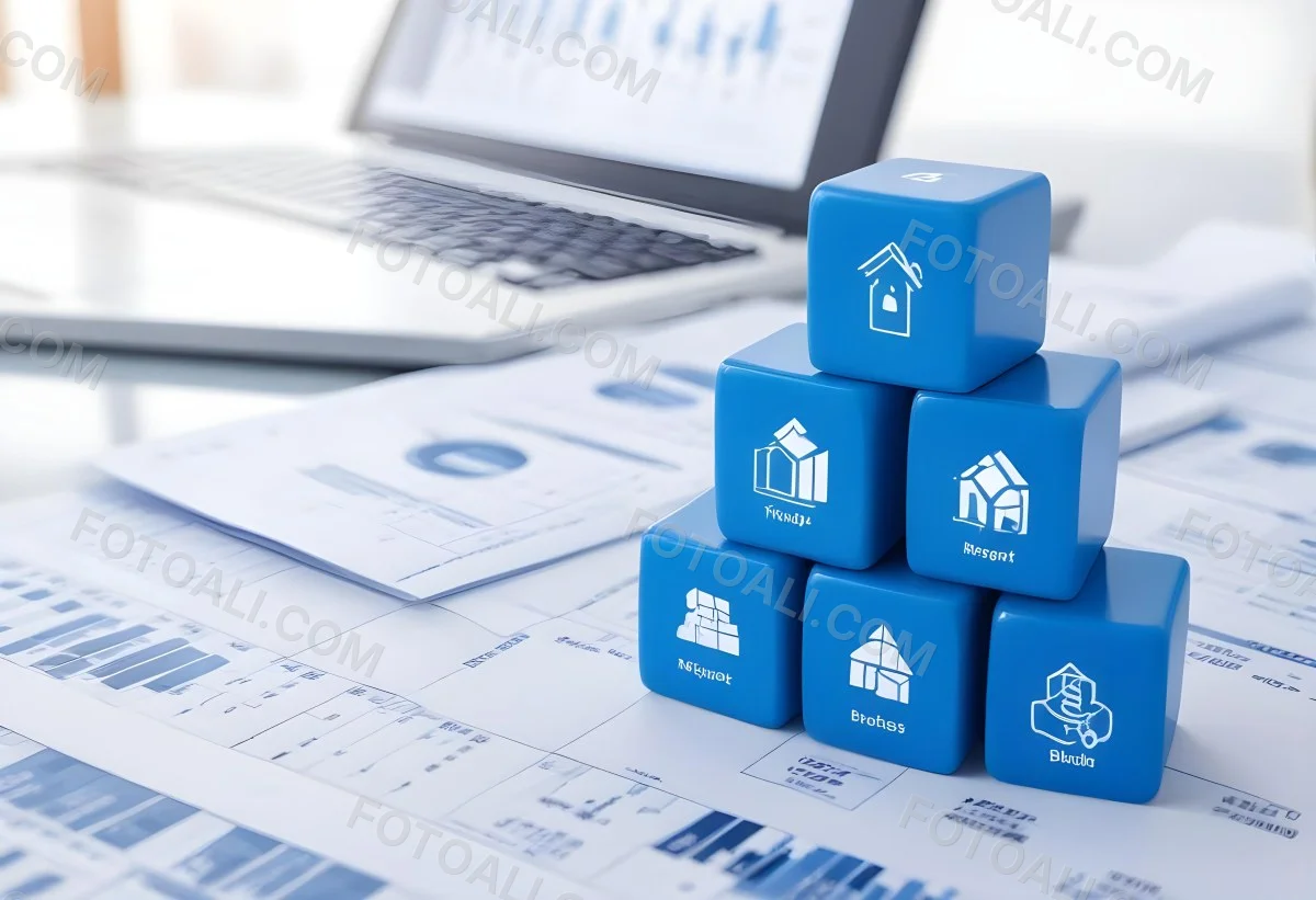 Stack Of Blue Cubes With Business Icons On Top Of A Financial Report With A Laptop In The Background 6 9535