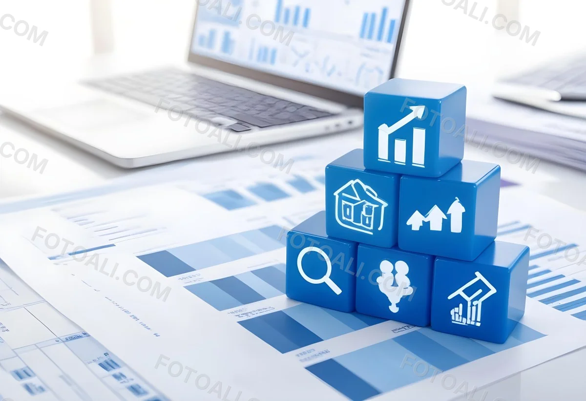 Stack Of Blue Cubes With Business Icons On Top Of A Financial Report With A Laptop In The Background 7 47ca