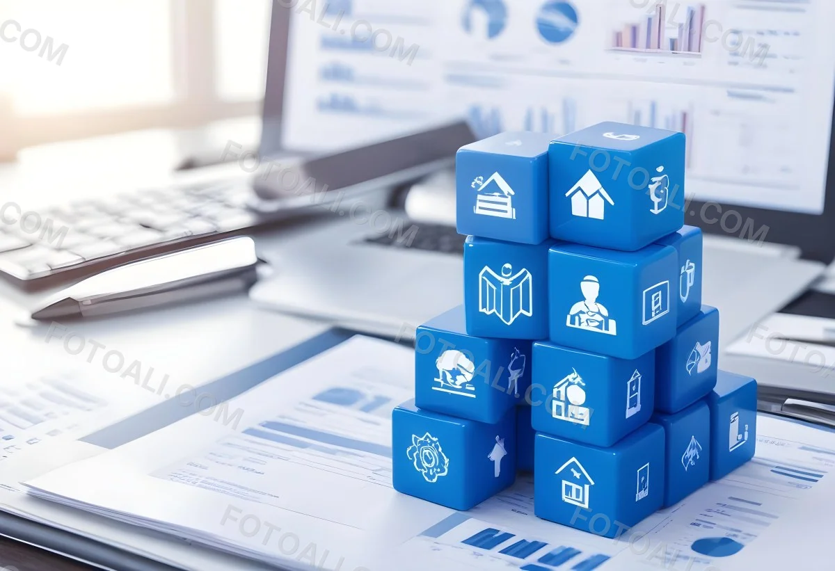 Stack Of Blue Cubes With Business Icons On Top Of A Financial Report With A Laptop In The Background 8 26bb