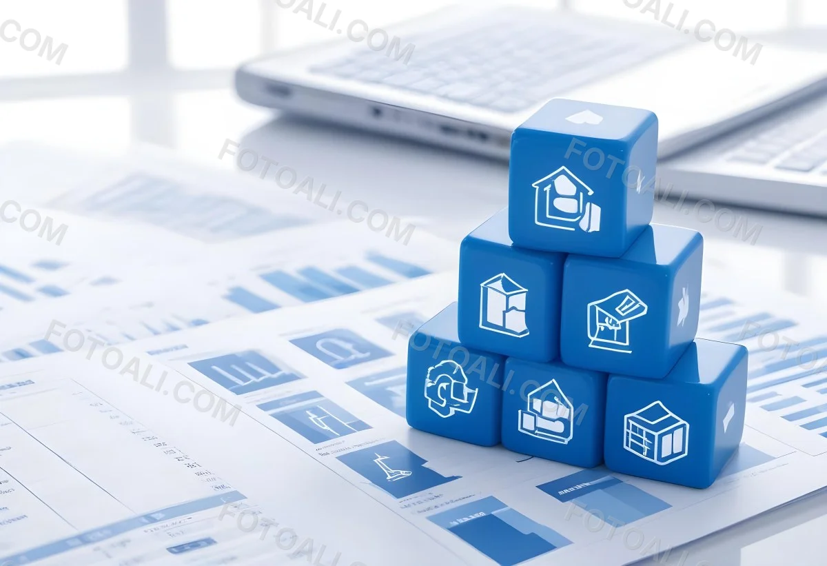 Stack Of Blue Cubes With Business Icons On Top Of A Financial Report With A Laptop In The Background 9 07f8