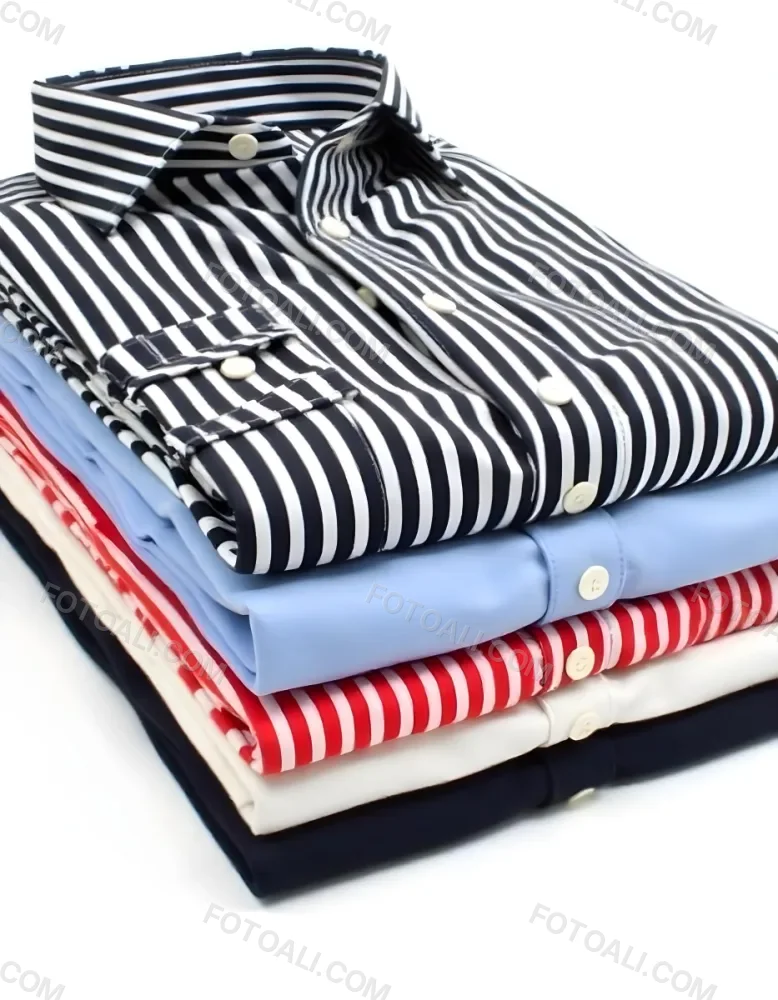 Stack Of Folded Shirts With Vertical Stripes In Black Blue Red And White Colors On A Black Surface 18 7853
