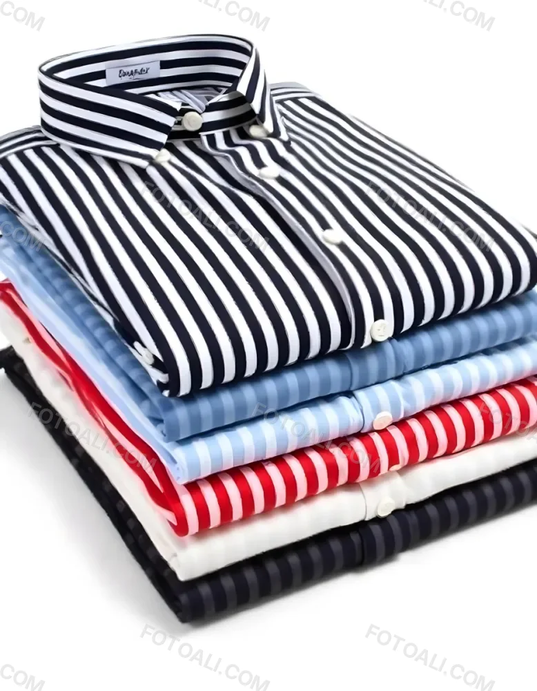 Stack Of Folded Shirts With Vertical Stripes In Black Blue Red And White Colors On A Black Surface 40 A950