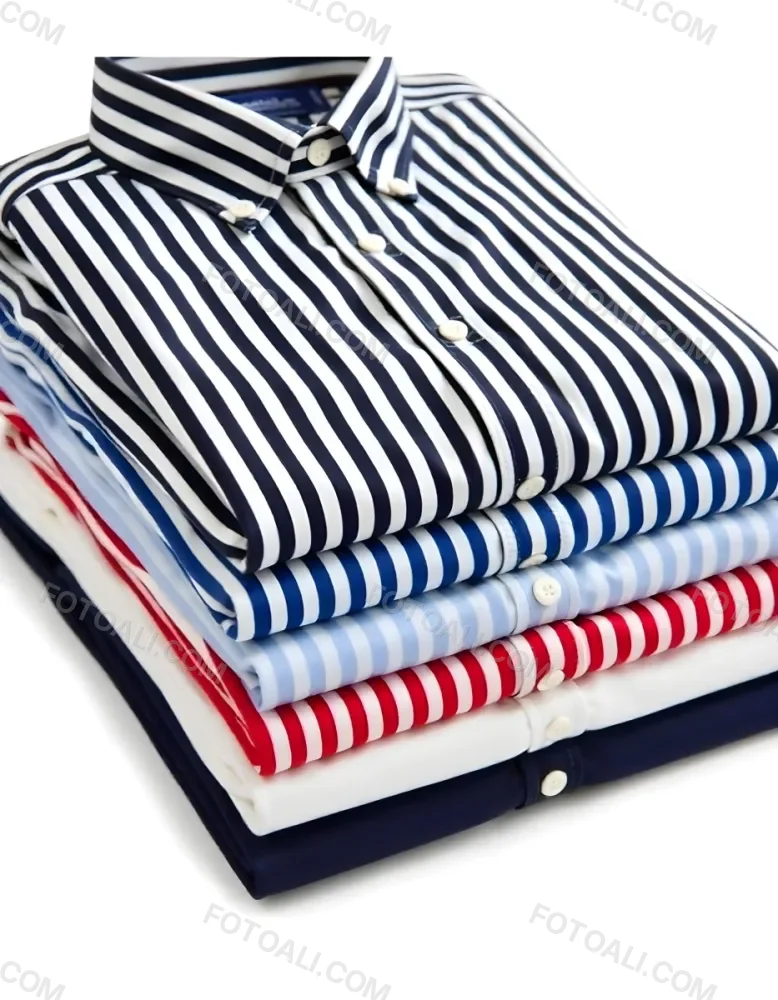 Stack Of Folded Shirts With Vertical Stripes In Black Blue Red And White Colors On A Black Surface 44 027c