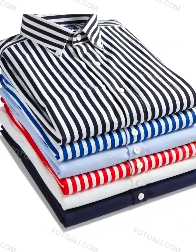 Stack Of Folded Shirts With Vertical Stripes In Black Blue Red And White Colors On A Black Surface 47 9b4f