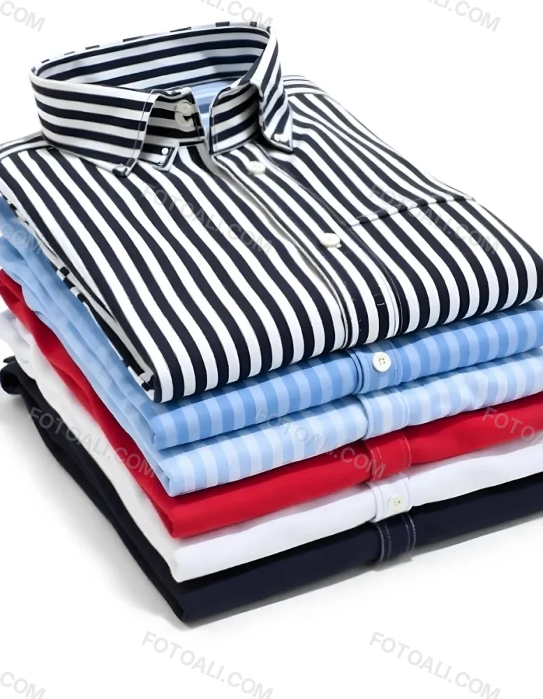Stack Of Folded Shirts With Vertical Stripes In Black Blue Red And White Colors On A Black Surface 5 6a46