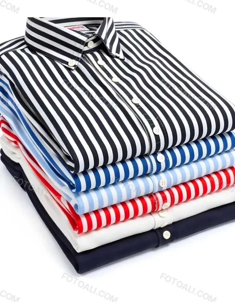Stack Of Folded Shirts With Vertical Stripes In Black Blue Red And White Colors On A Black Surface 50 8380