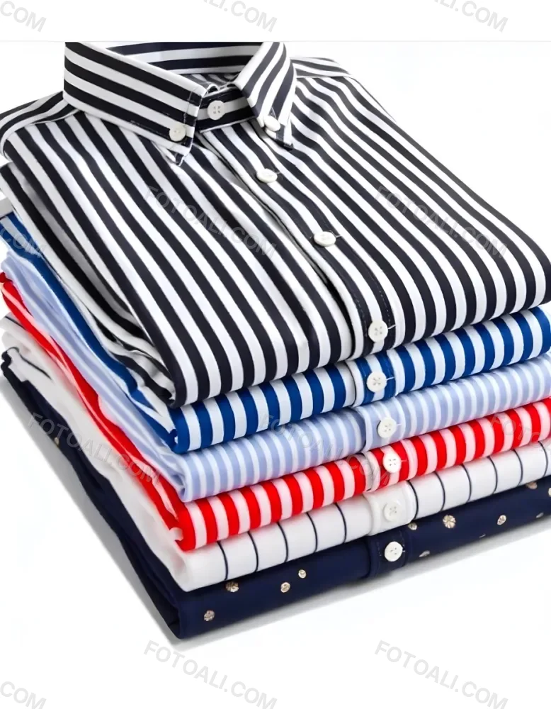 Stack Of Folded Shirts With Vertical Stripes In Black Blue Red And White Colors On A Black Surface 51 9141