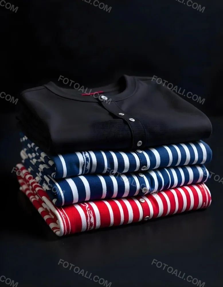 Stack Of Folded Shirts With Vertical Stripes In Black Blue Red And White Colors On A Black Surface 8 068f