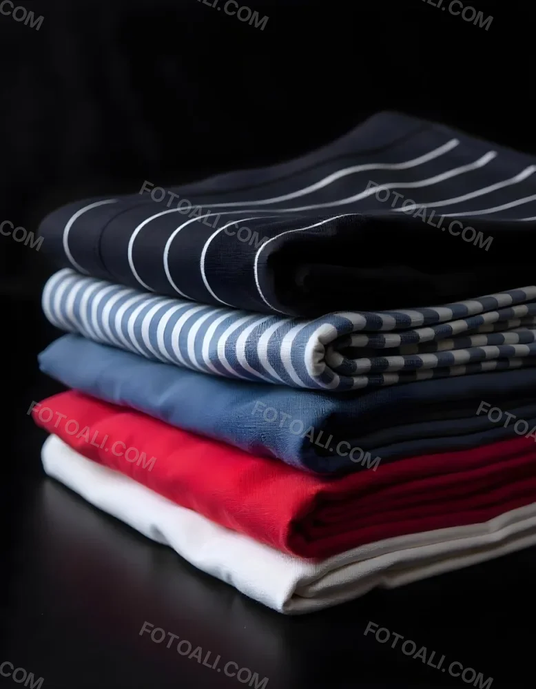 Stack Of Folded Shirts With Vertical Stripes In Black Blue Red And White Colors On A Black Surface 9 115f