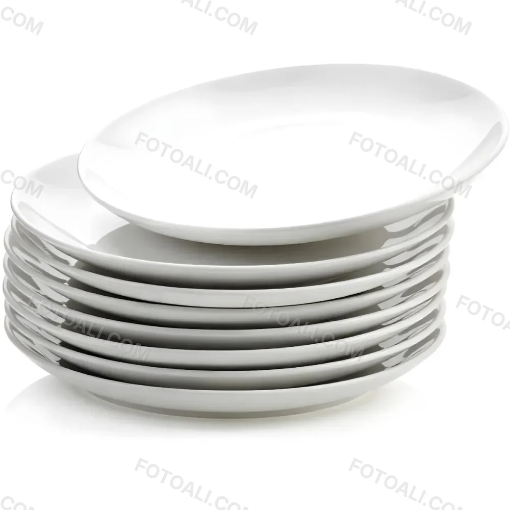 Stack Of Ten White Ceramic Plates Simple Design Uniform Size Smooth Surface Minimalist Aesthetic Clean Presentation White Background 16 Cb42