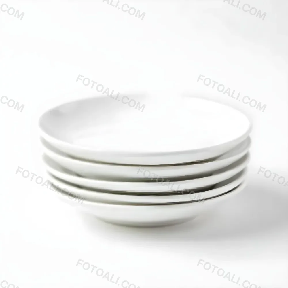 Stack Of Ten White Ceramic Plates Simple Design Uniform Size Smooth Surface Minimalist Aesthetic Clean Presentation White Background 2 09d3