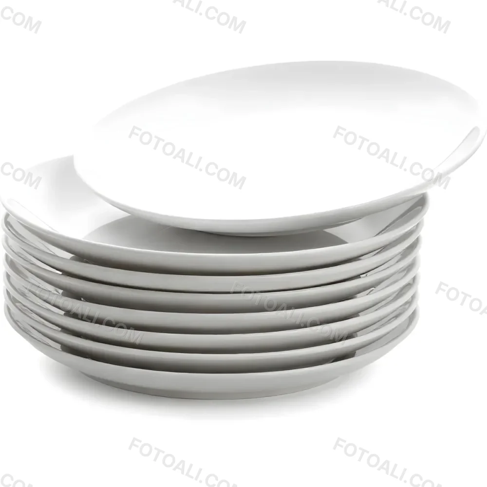 Stack Of Ten White Ceramic Plates Simple Design Uniform Size Smooth Surface Minimalist Aesthetic Clean Presentation White Background 29 9f31