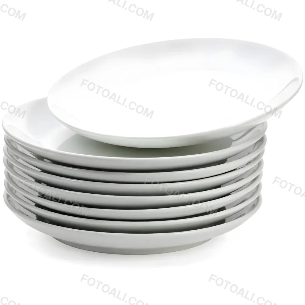 Stack Of Ten White Ceramic Plates Simple Design Uniform Size Smooth Surface Minimalist Aesthetic Clean Presentation White Background 30 7c55