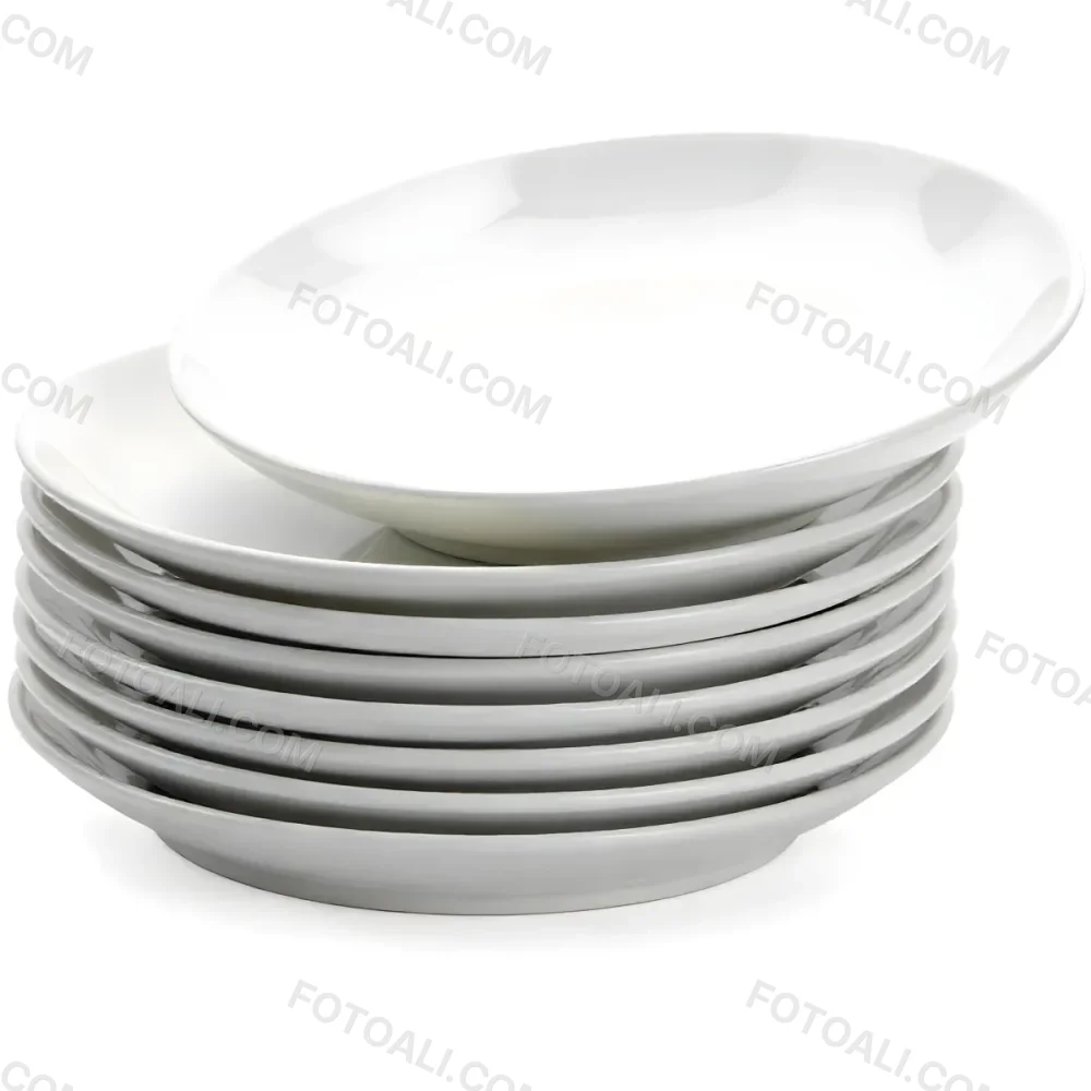 Stack Of Ten White Ceramic Plates Simple Design Uniform Size Smooth Surface Minimalist Aesthetic Clean Presentation White Background 37 7381