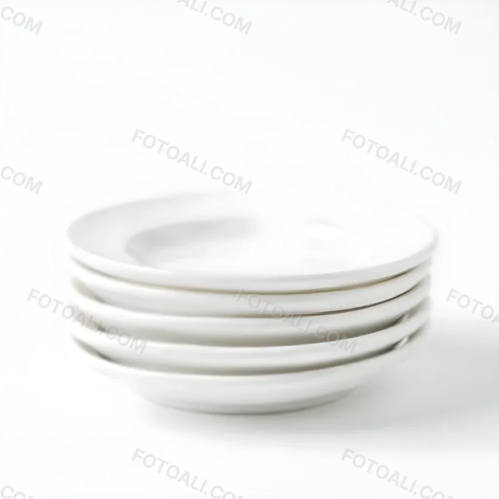 Stack Of Ten White Ceramic Plates Simple Design Uniform Size Smooth Surface Minimalist Aesthetic Clean Presentation White Background 42 B3b2