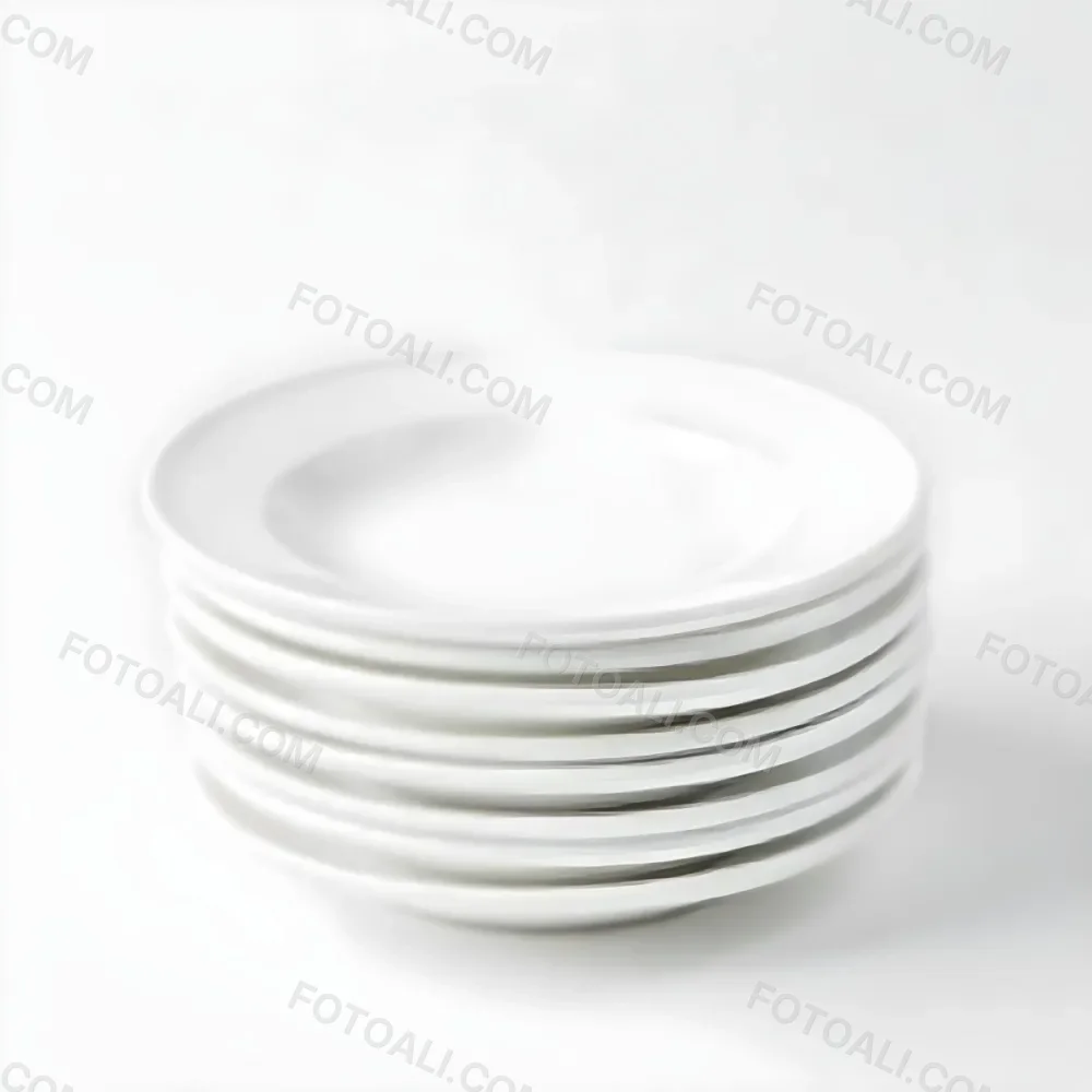 Stack Of Ten White Ceramic Plates Simple Design Uniform Size Smooth Surface Minimalist Aesthetic Clean Presentation White Background 5 F48d