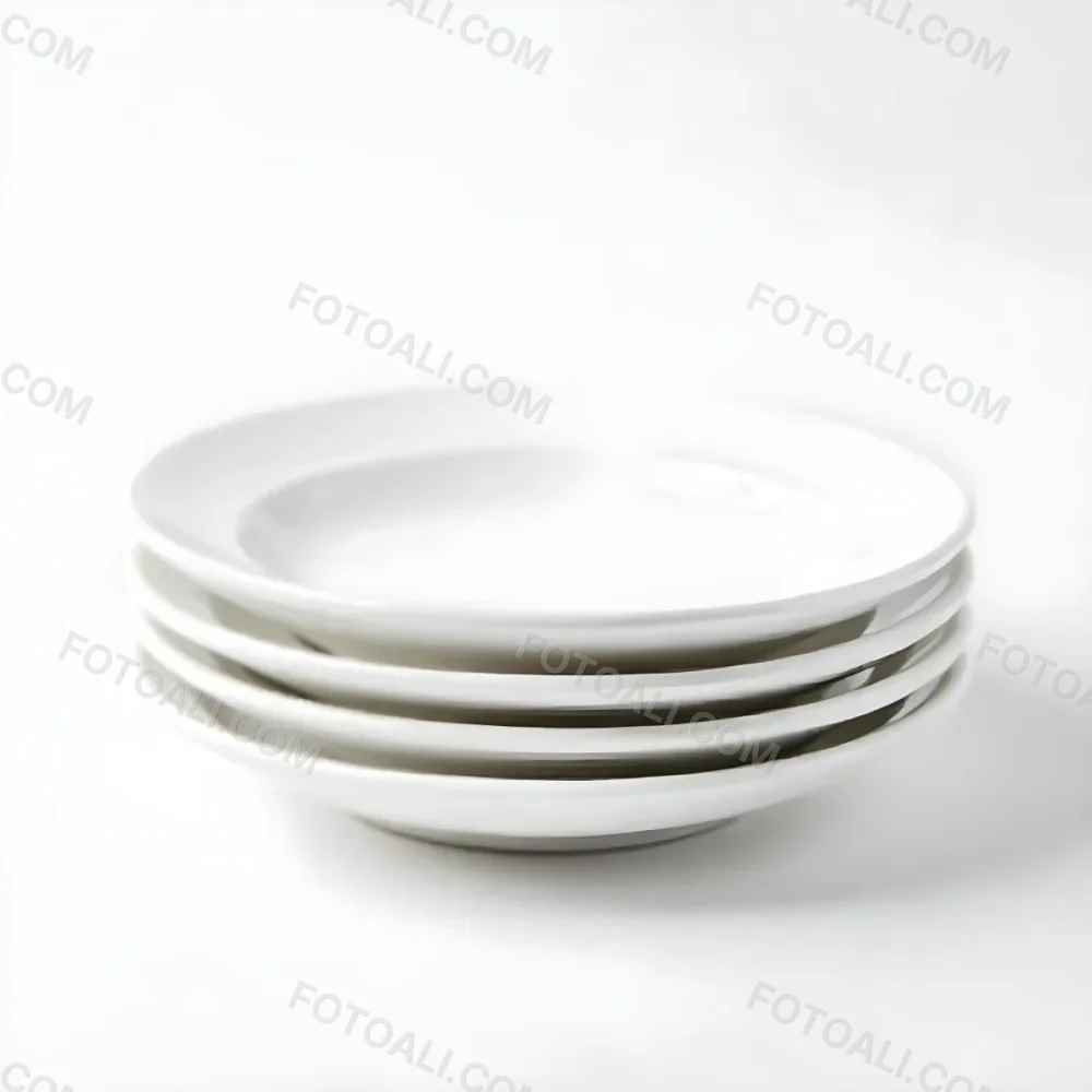 Stack Of Ten White Ceramic Plates Simple Design Uniform Size Smooth Surface Minimalist Aesthetic Clean Presentation White Background 9 9bda