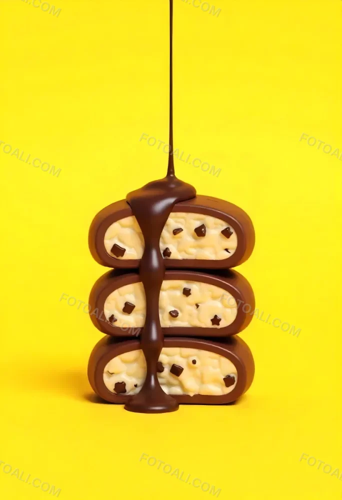Stack Of Three Chocolate Covered Cookies With Chocolate Syrup Being Poured On Top Bright Yellow Background 10 E4b9
