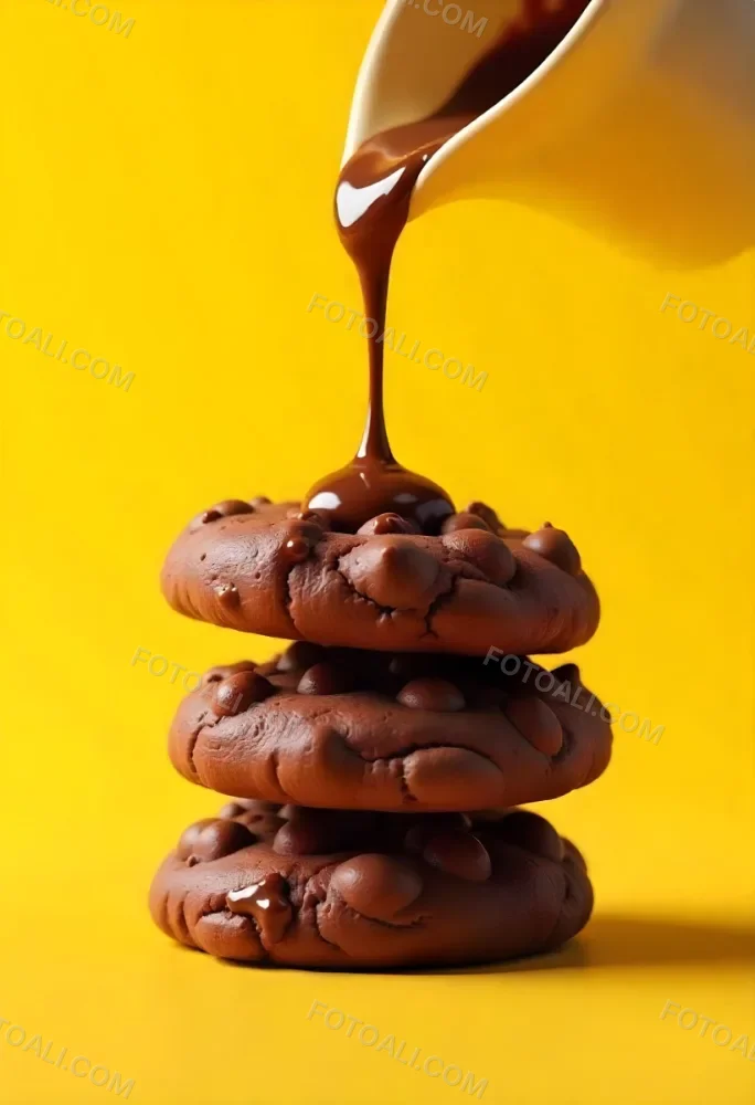 Stack Of Three Chocolate Covered Cookies With Chocolate Syrup Being Poured On Top Bright Yellow Background 17 Dd5d