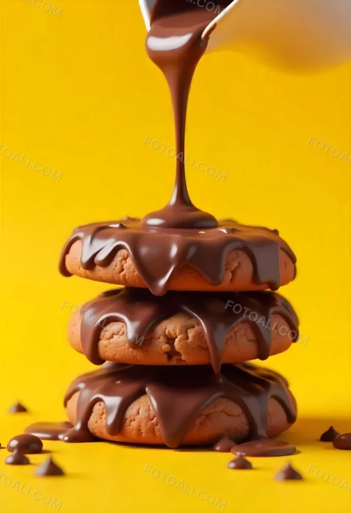 Stack Of Three Chocolate Covered Cookies With Chocolate Syrup Being Poured On Top Bright Yellow Background 21 Ffb3