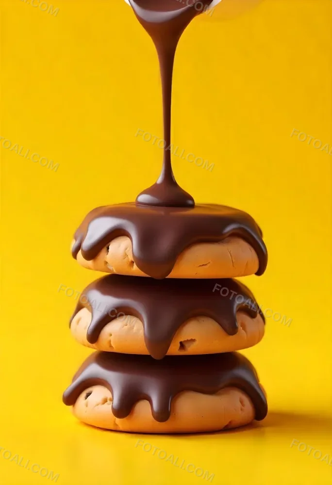 Stack Of Three Chocolate Covered Cookies With Chocolate Syrup Being Poured On Top Bright Yellow Background 3 F6f8