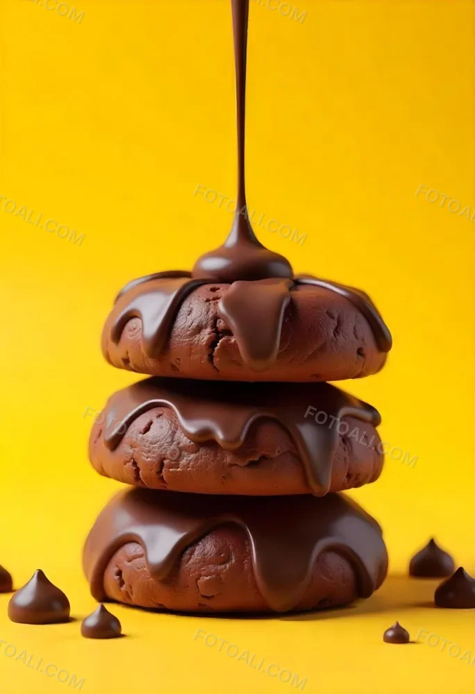 Stack Of Three Chocolate Covered Cookies With Chocolate Syrup Being Poured On Top Bright Yellow Background 32 8983