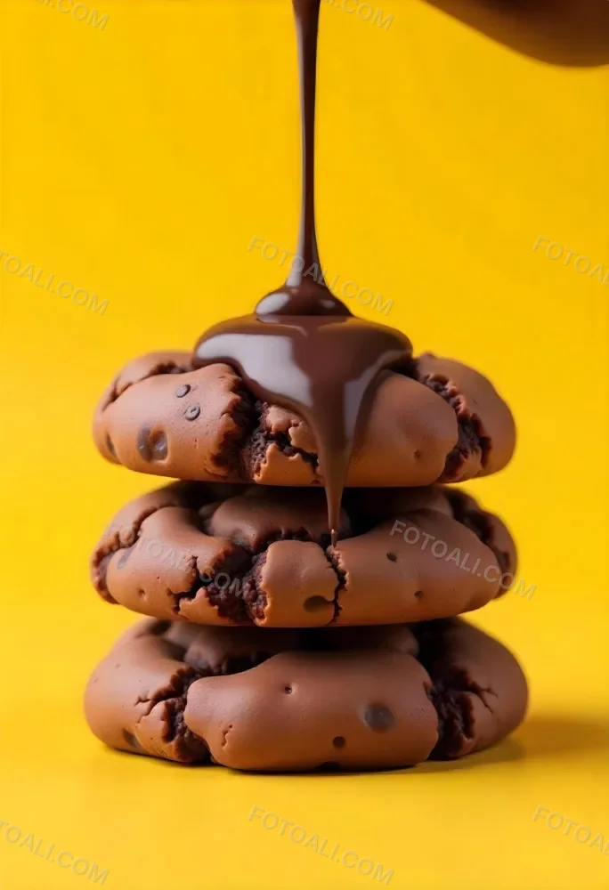 Stack Of Three Chocolate Covered Cookies With Chocolate Syrup Being Poured On Top Bright Yellow Background 36 664c