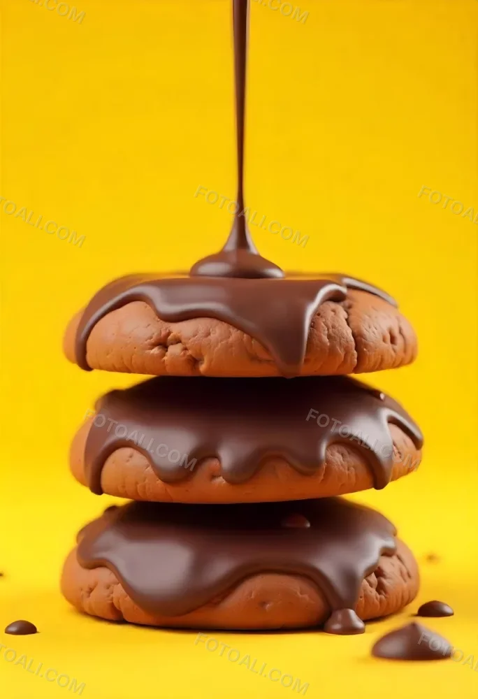 Stack Of Three Chocolate Covered Cookies With Chocolate Syrup Being Poured On Top Bright Yellow Background 38 Beeb