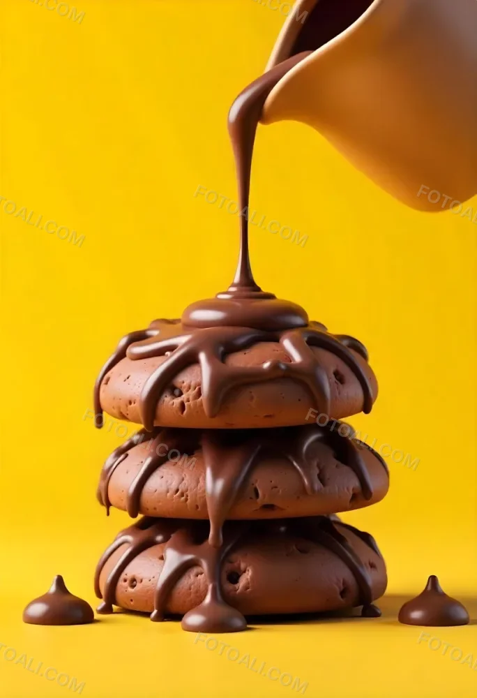 Stack Of Three Chocolate Covered Cookies With Chocolate Syrup Being Poured On Top Bright Yellow Background 41 E28b